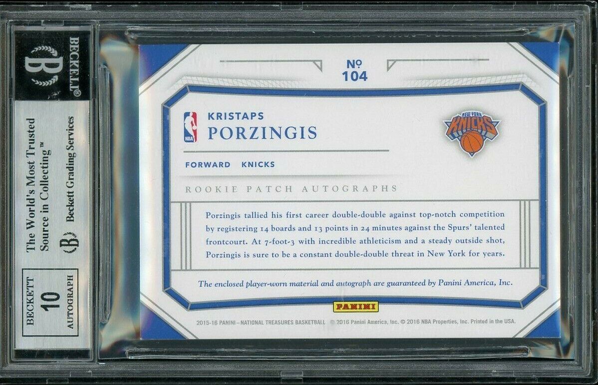 2015 National Treasures Kristaps Porzingis #104 Rookie Patch Auto BGS 8.5 RPA
