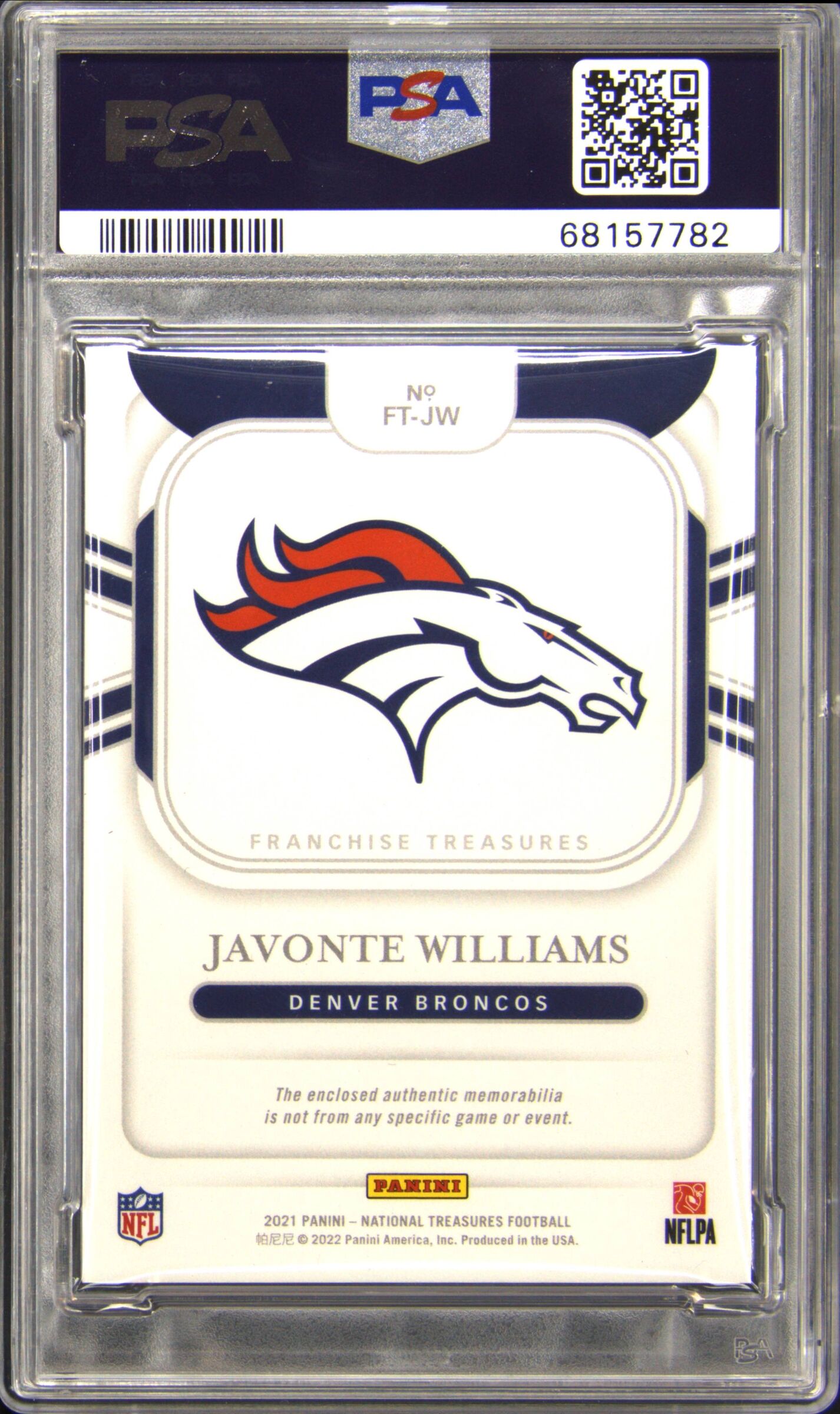 2021 Panini National Treasures #JW Javonte Williams Laundry Tag RC 1/1 PSA 9