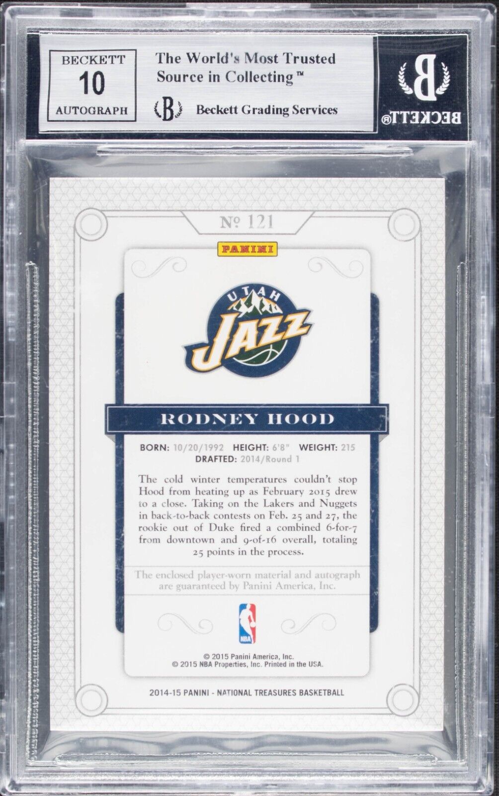 2014 National Treasures Rodney Hood #121 Rookie Patch Auto Gold BGS 9 RPA