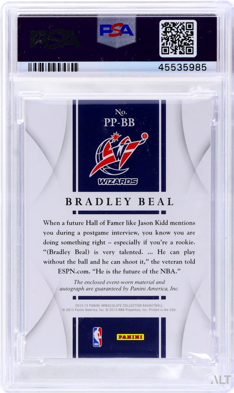 2012 Immaculate Collection Bradley Beal #PP-BB Premium Patch Auto RPA /75 PSA 10
