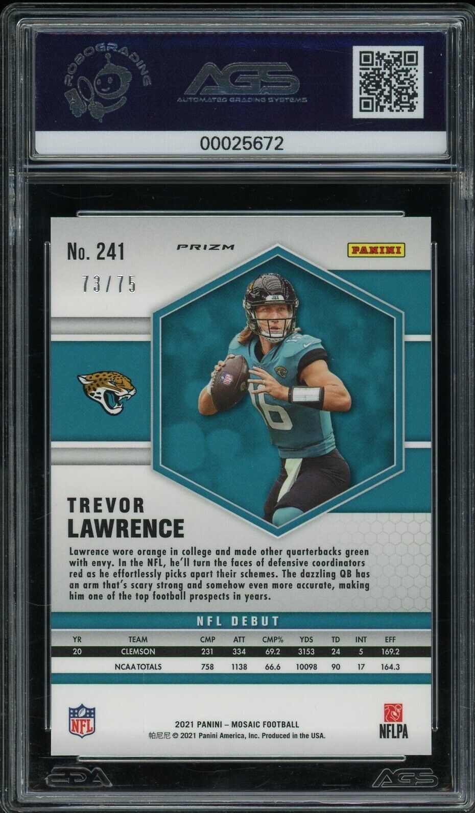 2021 Panini Mosiac Trevor Lawrence #241 Rookie Blue No Huddle Mosiac /75 AGS 10