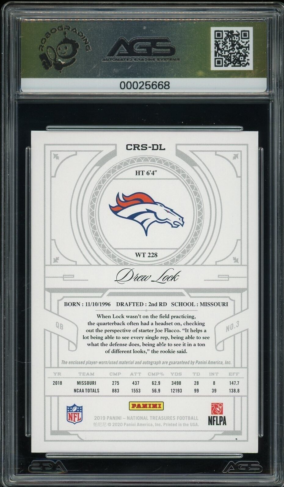 2019 Panini National Treasures Drew Lock #CRS-DL Rookie Patch Auto Prime AGS 10