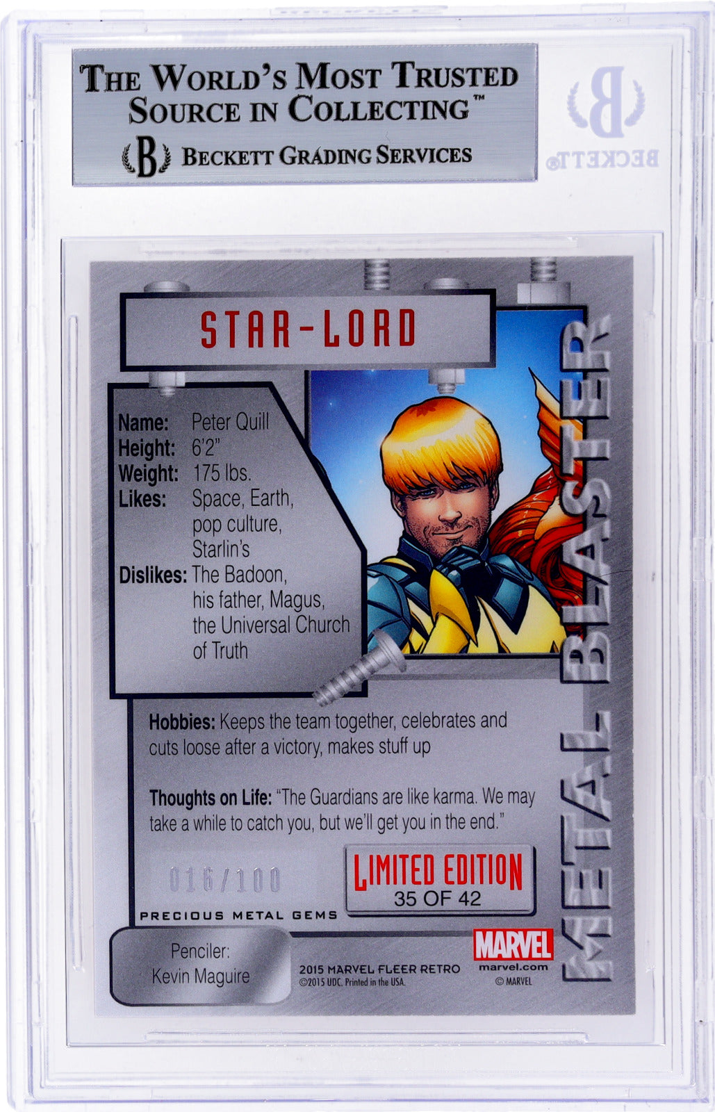 2015 Fleer Retro Marvel Star-Lord 1995 Marvel Metal Blaster PMG Red #35 BGS 9