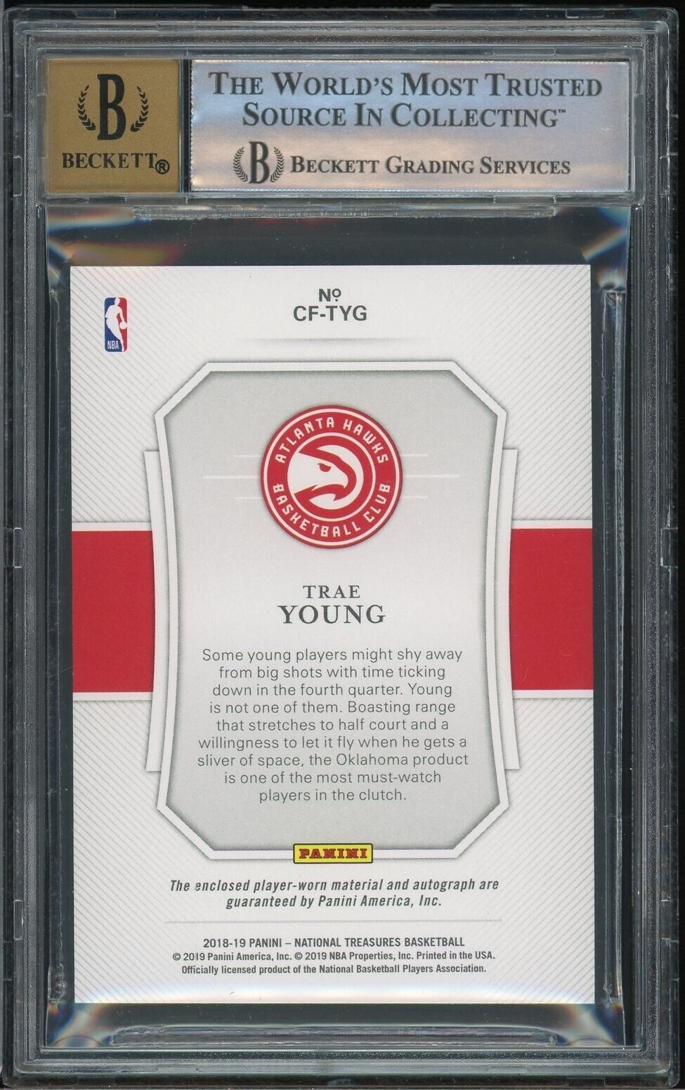 2018-19 National Treasures Trae Young #45 Patch Auto Clutch Factory BGS 8.5