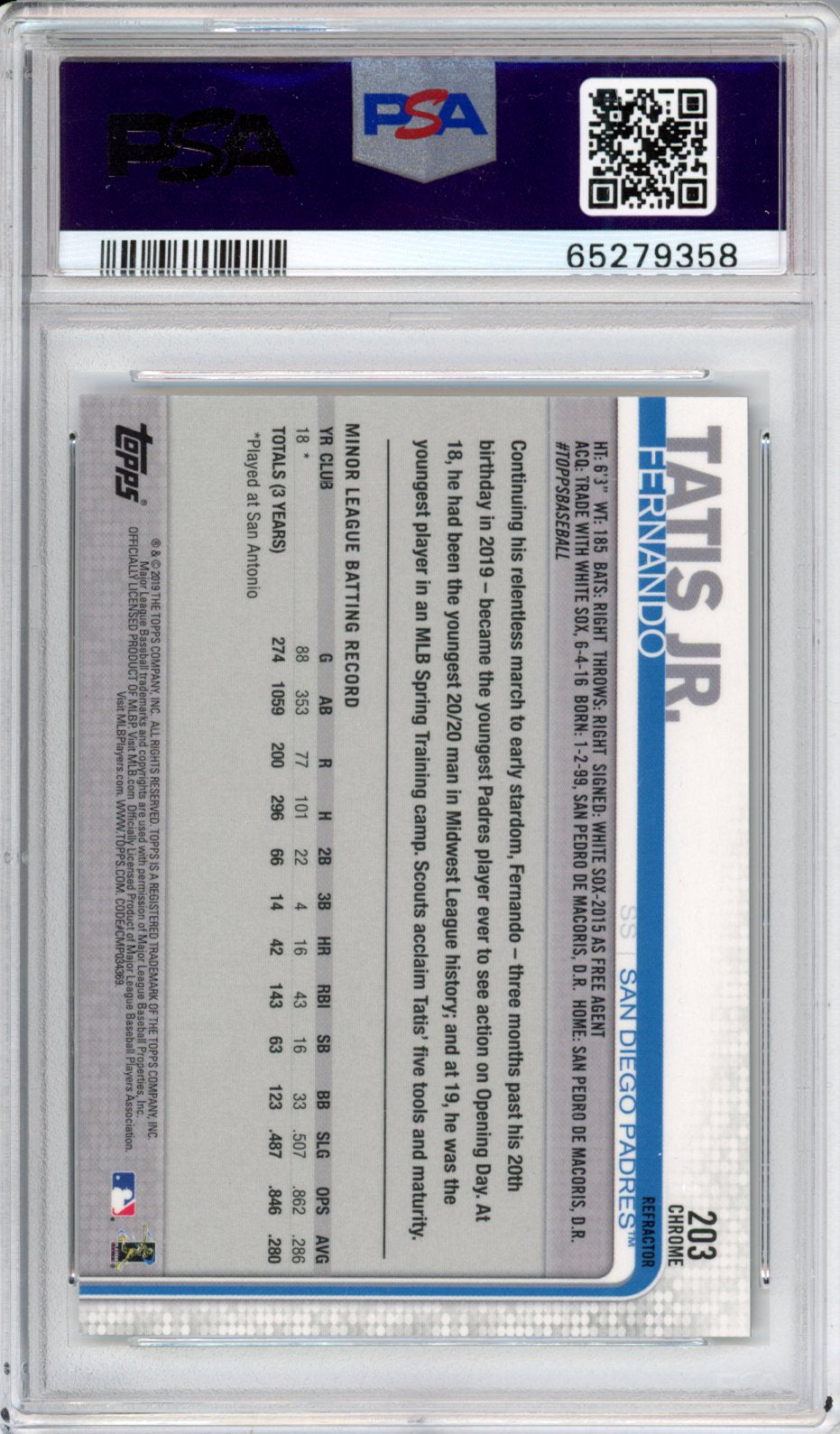 2019 Topps Chrome Fernando Tatis JR. #203 Sepia Refractor PSA 10
