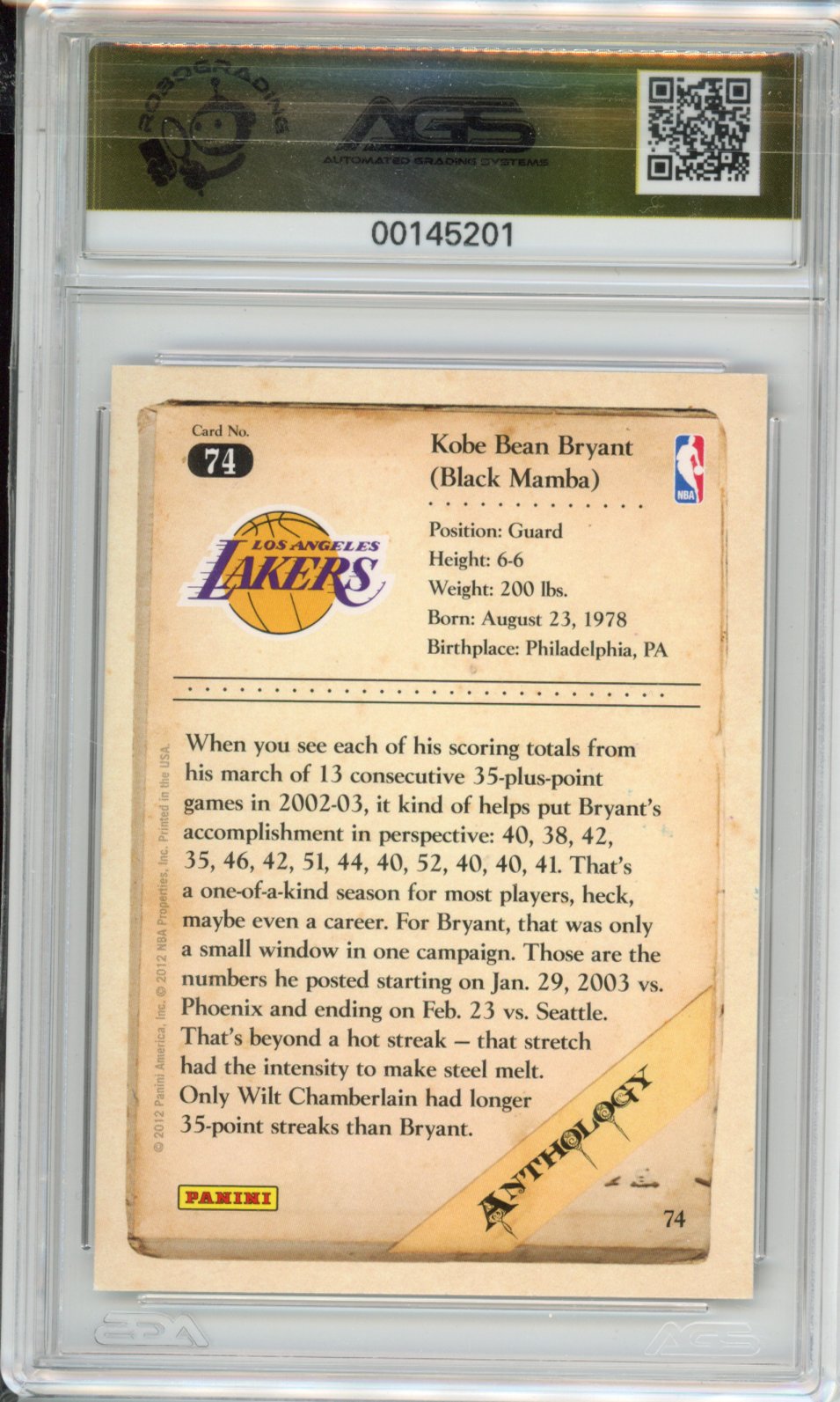 Basketball 2012-13 Panini Kobe Anthology KOBE BRYANT #074 AGS 9.5