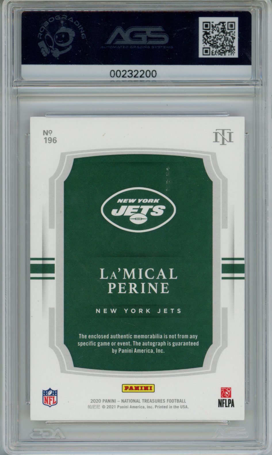 Football 2020 Panini National Treasures La'Mical Perine 11/20 #196 AGS 6.5