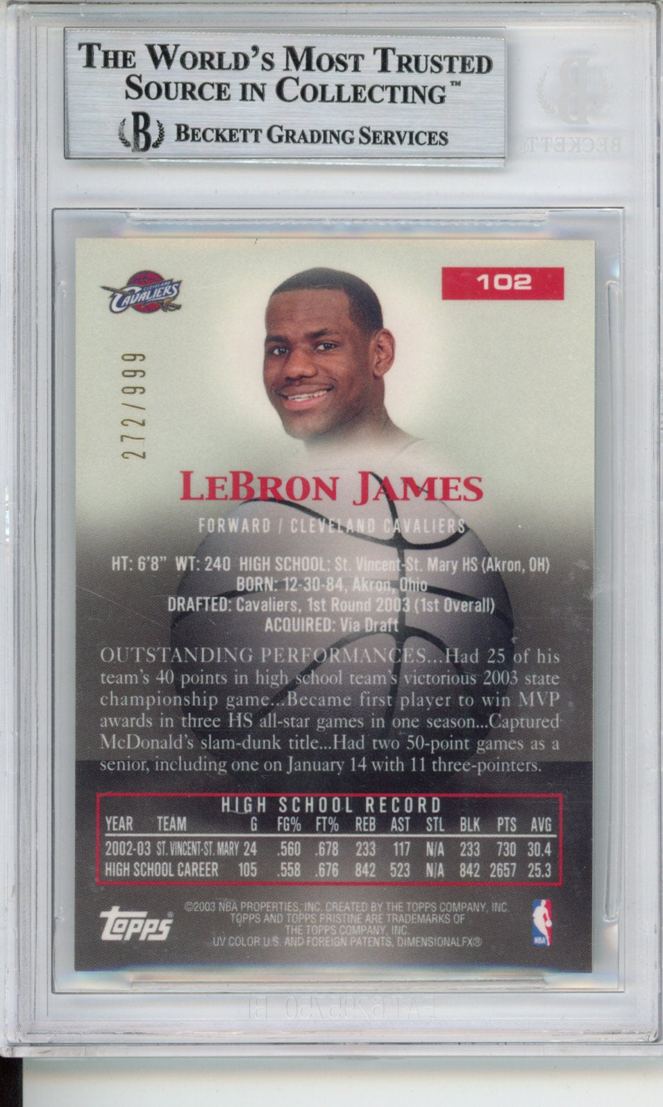 2003 Topps Pristine Refractors LeBron James U #102 /999 BGS 9