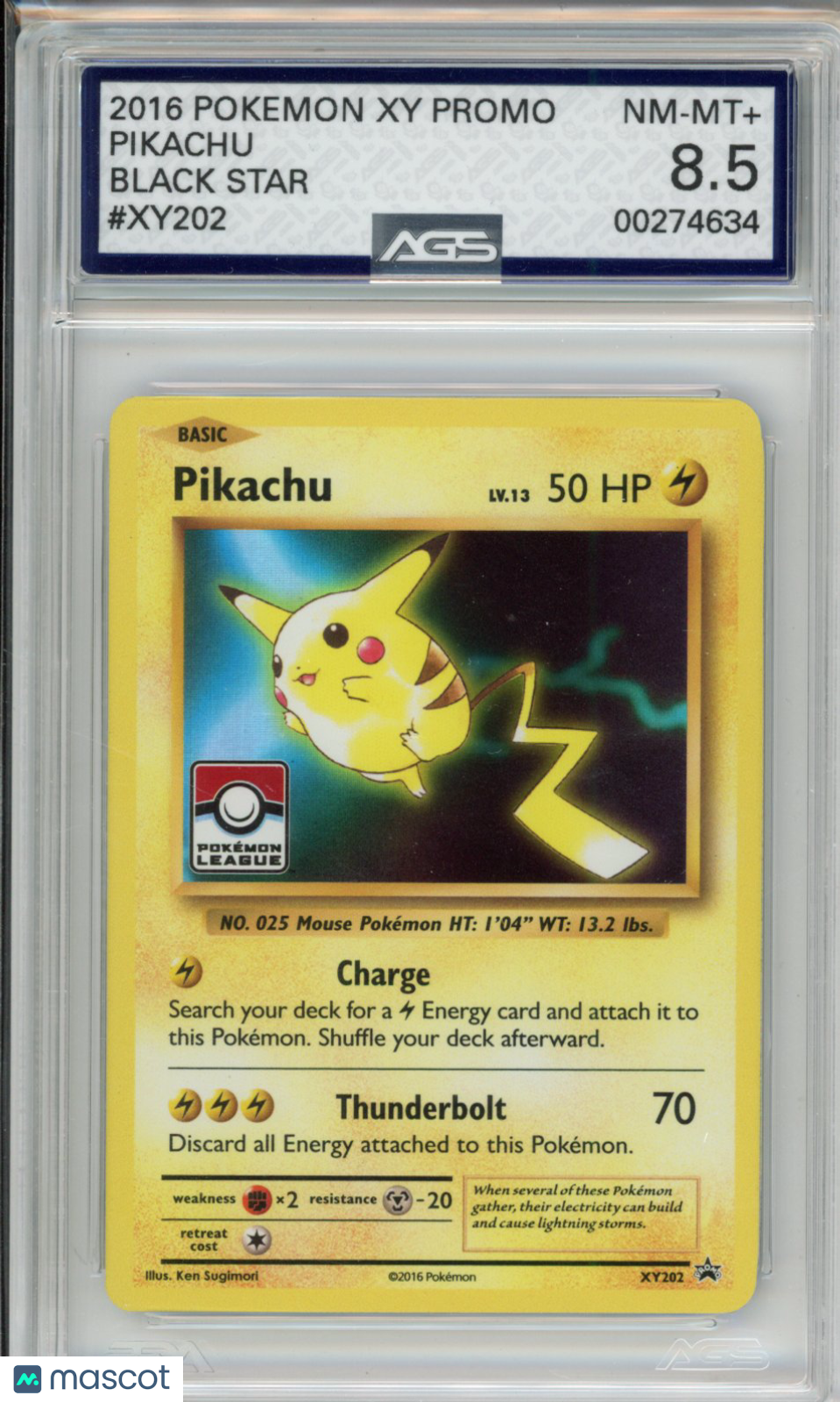 Pokemon 2016 XY PROMOS PIKACHU #XY202 POKEMON LEAGUE AGS 8.5