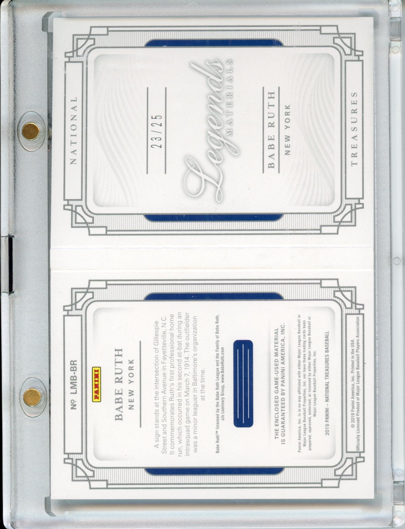 2019 Panini National Treasures Babe Ruth #LMB-BR Legends Materials Booklet /25