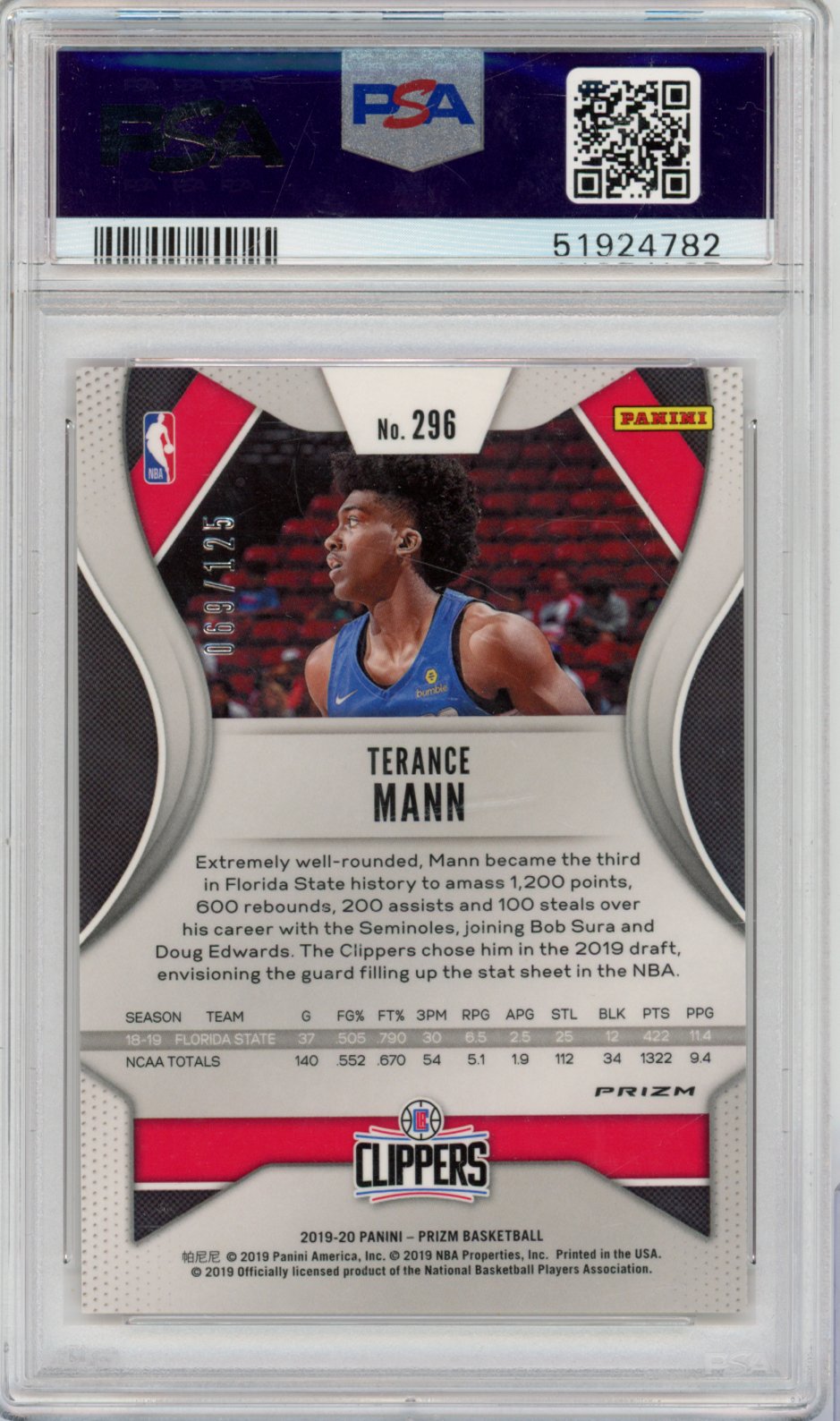 2019 Panini Prizm Basketball Terance Mann #296 Fast Break Red English PSA 10