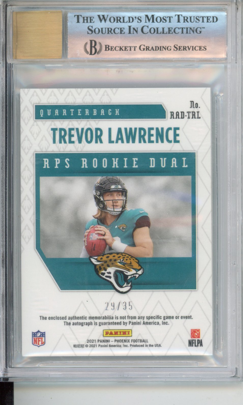 2021 Panini Phoenix Rookie Premiere Dual Jersey Autographs Trevor Lawrence #1 /35 BGS 8.5 Auto 9