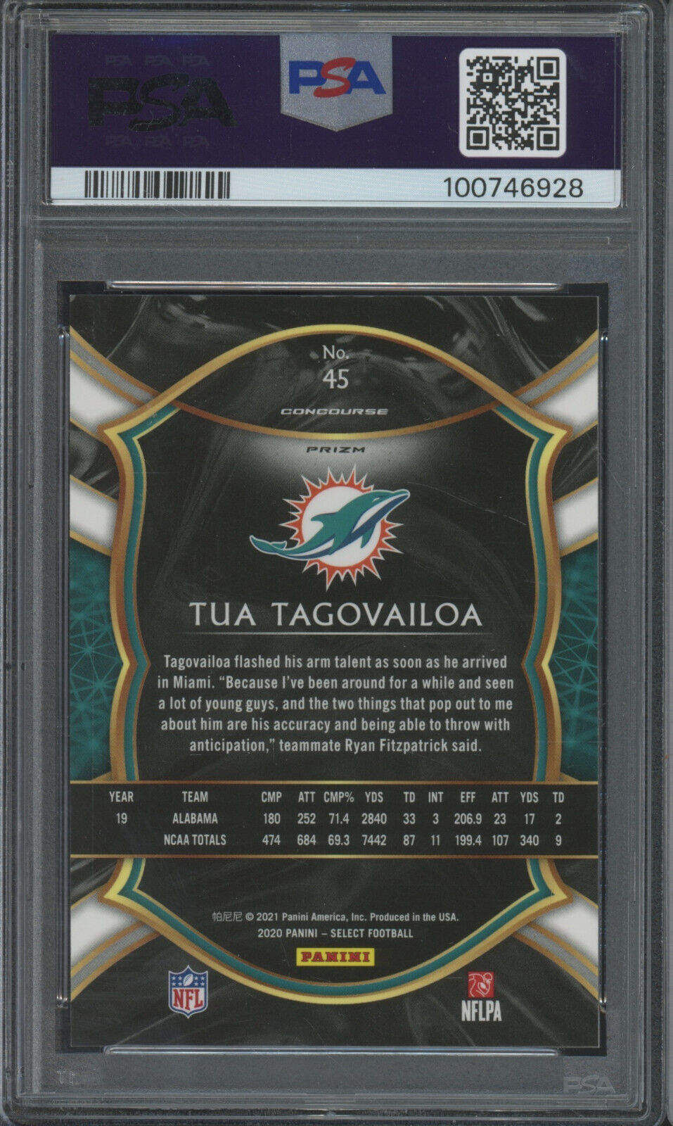 2020 Panini Select Tua Tagovailoa #45 Tiger Prizm PSA 10