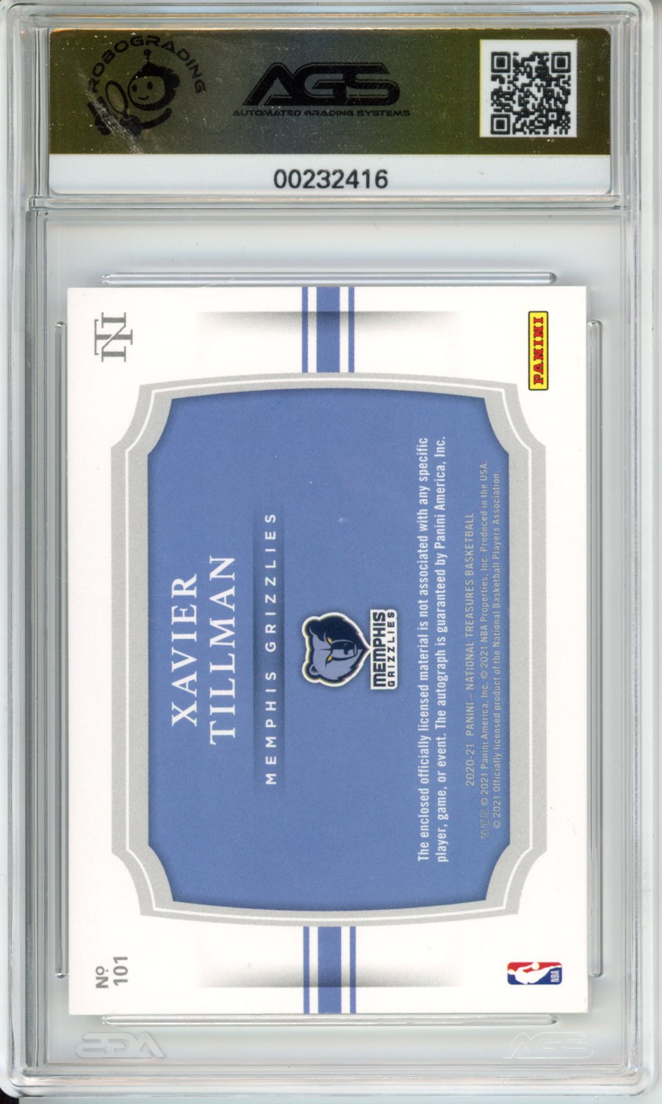 2020-21 Panini National Treasures Xavier Tillman #101 RPA RC Bronze /49 AGS 10