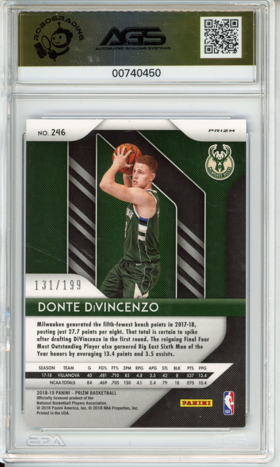 Panini 2018-19 Prizm Donte DiVincenzo #246 Prizms Blue English AGS 10