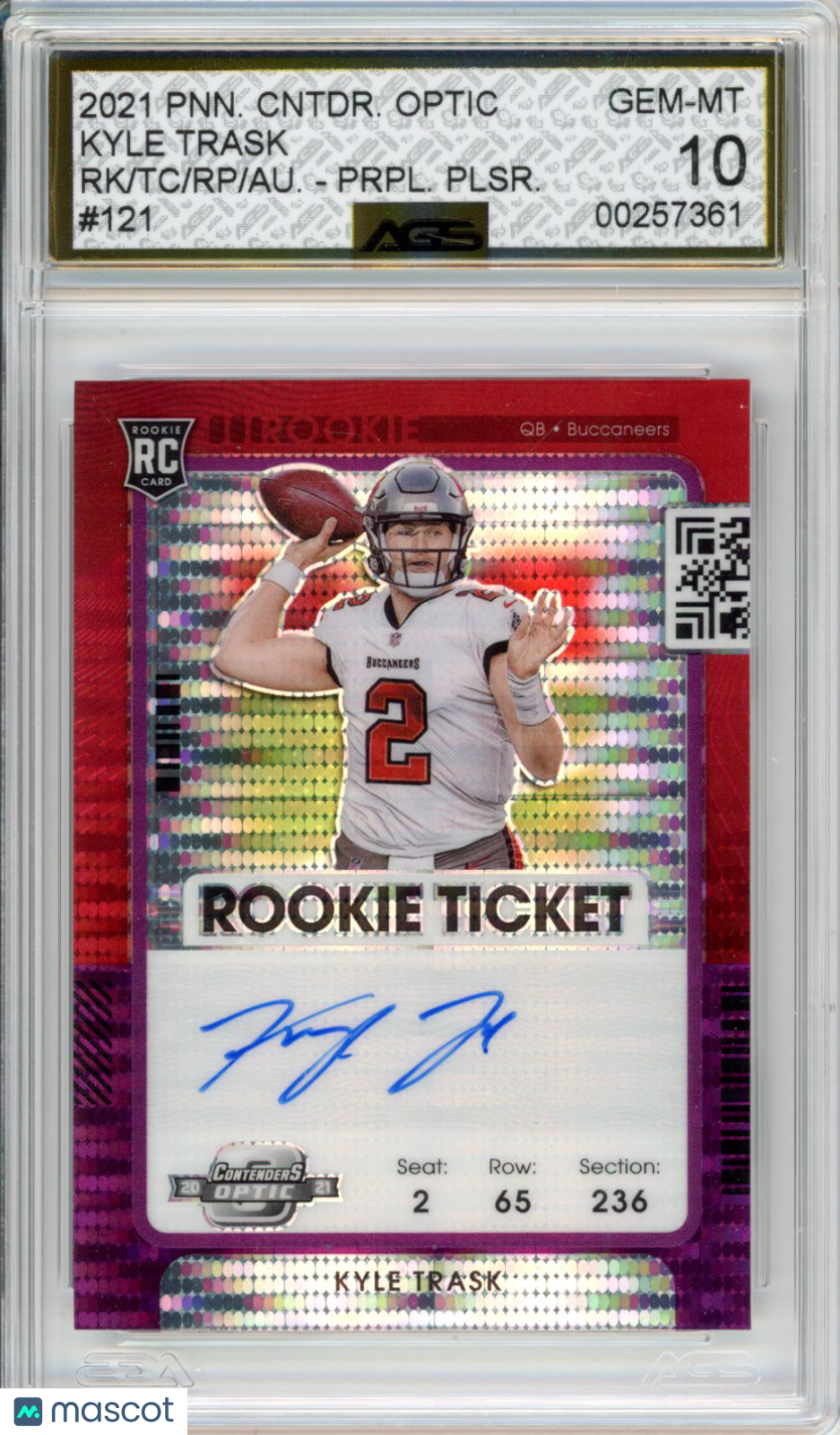 2022 Contenders Optic KYLE TRASK ROOKIE TICKET RPS AUTO PURPLE PULSAR AGS 10