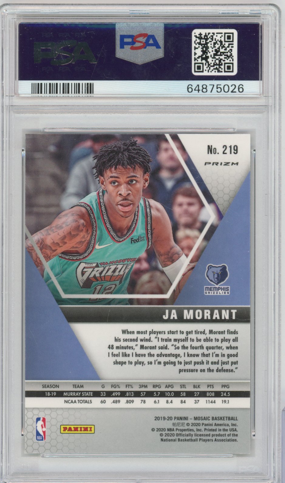 2019 Panini Panini Panini Panini Ja Morant Panini Mosaic Basketball Red #219 Mosaic Red English PSA 10
