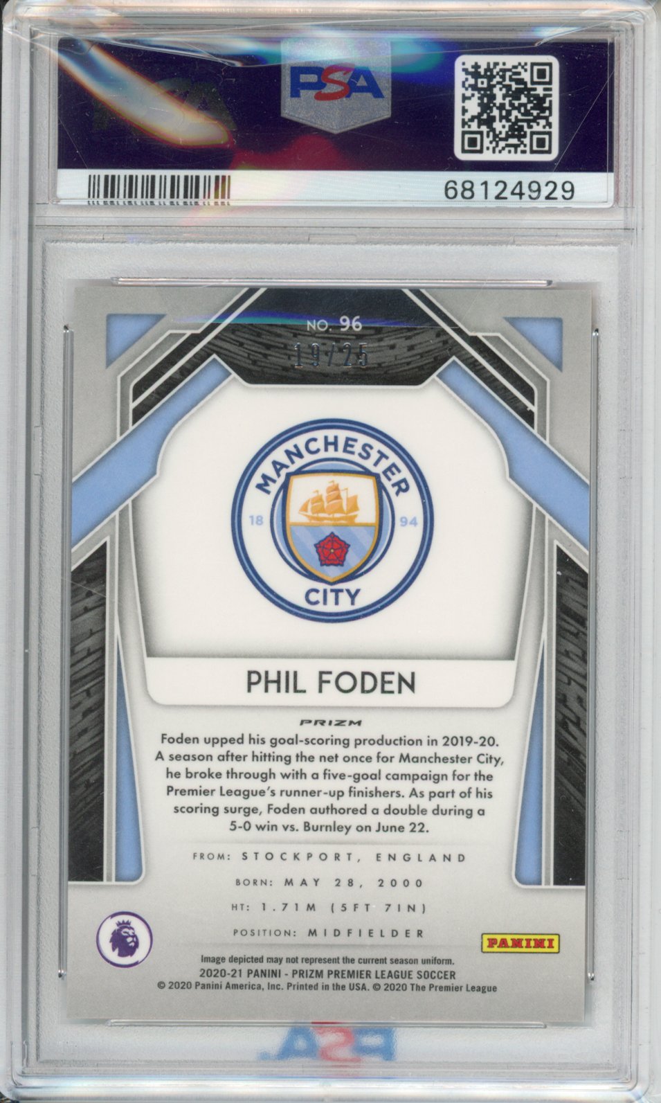 2020 Panini Prizm Premier League Phil Foden #96 Orange PSA 10