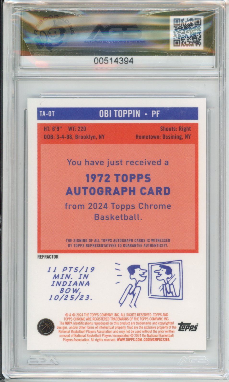 2023-24 TOPPS CHROME BASKETBALL OBI TOPPIN #TA-OT 1972 AUTO REFRACTORS AGS 9.5