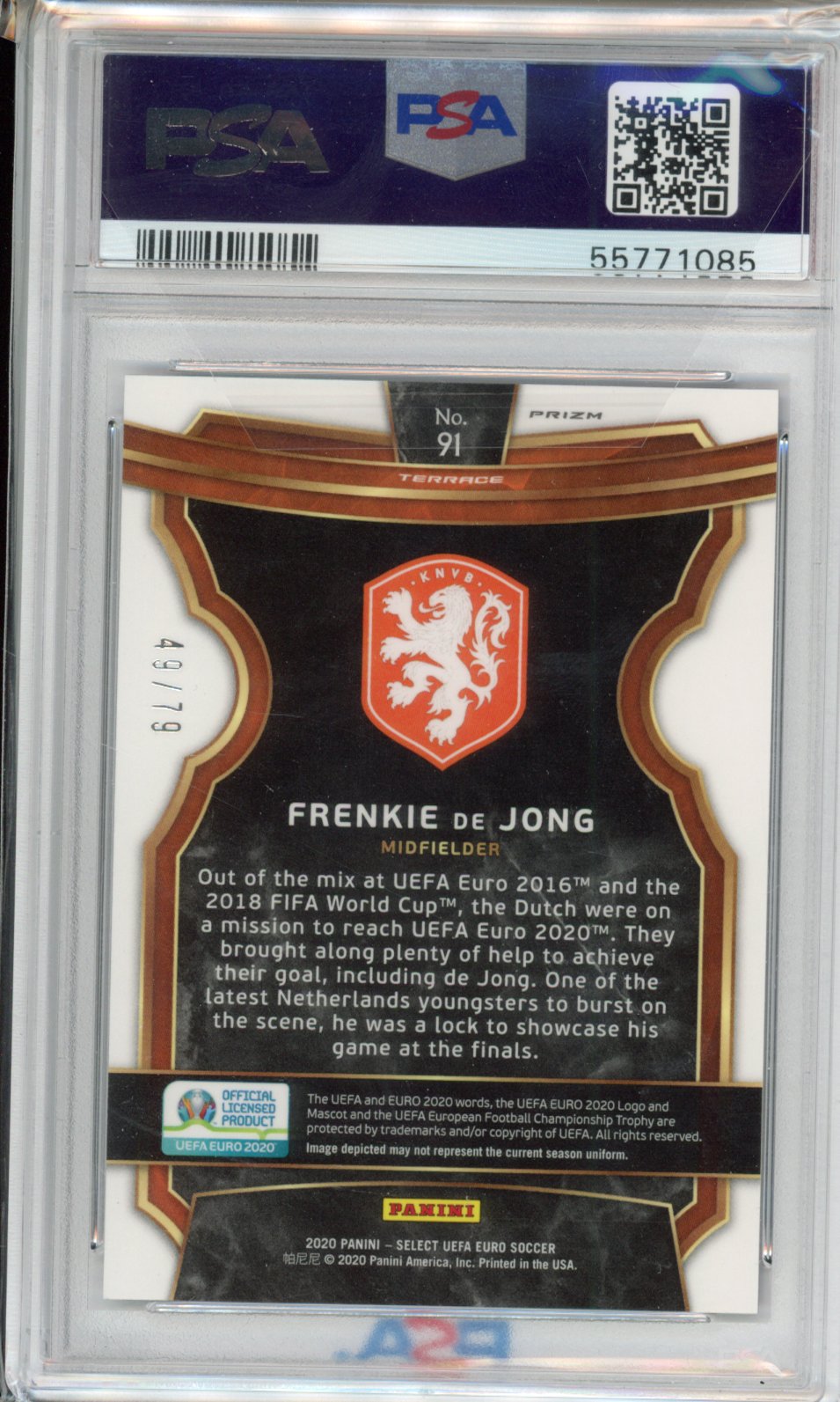 2020 Panini Select UEFA Euro Frenkie De Jong #91 Purple Prizm /79 PSA 10
