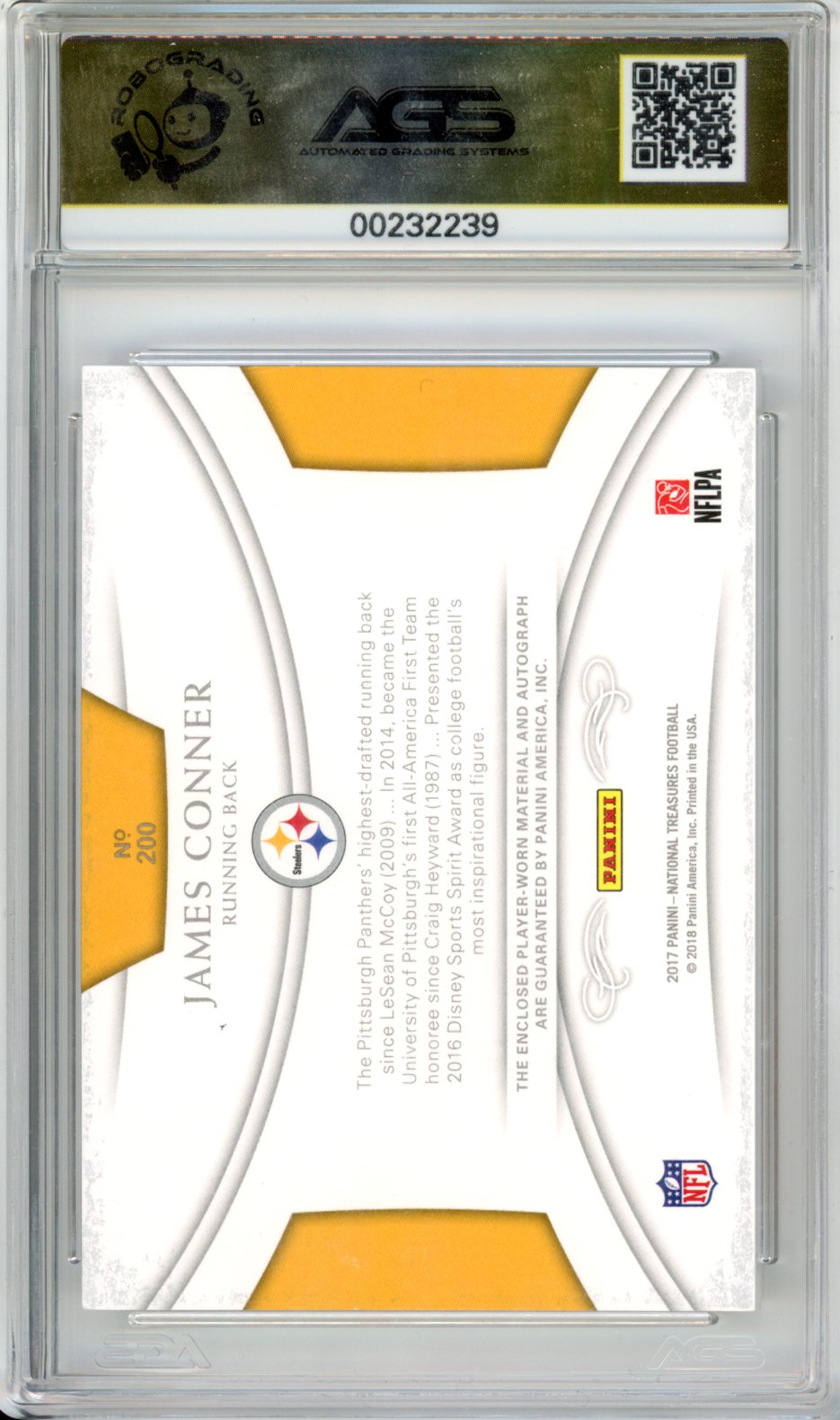 2018 National Treasures James Conner #200 Colossal materials Auto RPA /99 AGS 10