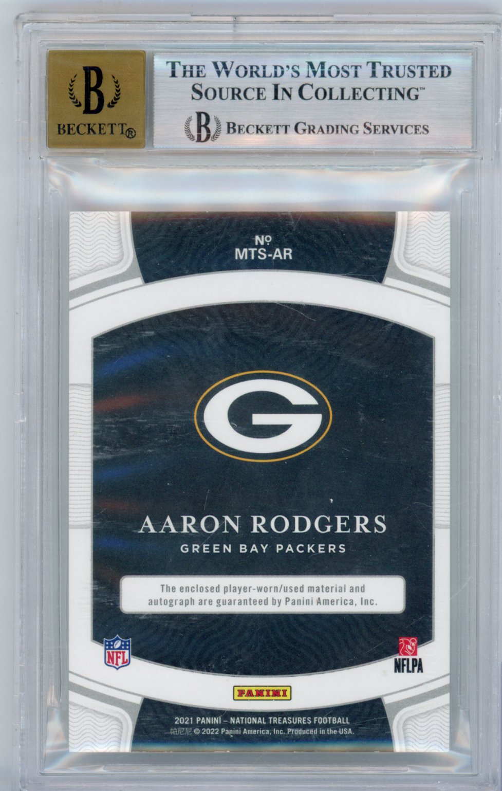 2021 Panini National Treasures Material Treasures Signatures Aaron Rodgers #22 Laundry Tag NFL Shield English BGS 8