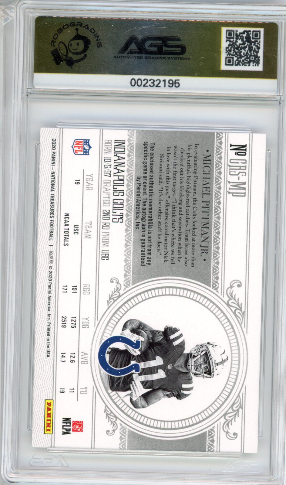 2021 Football 2020 Panini National Treasures Michael Pittman Jr. #CRS-MP /99 AGS 9.5