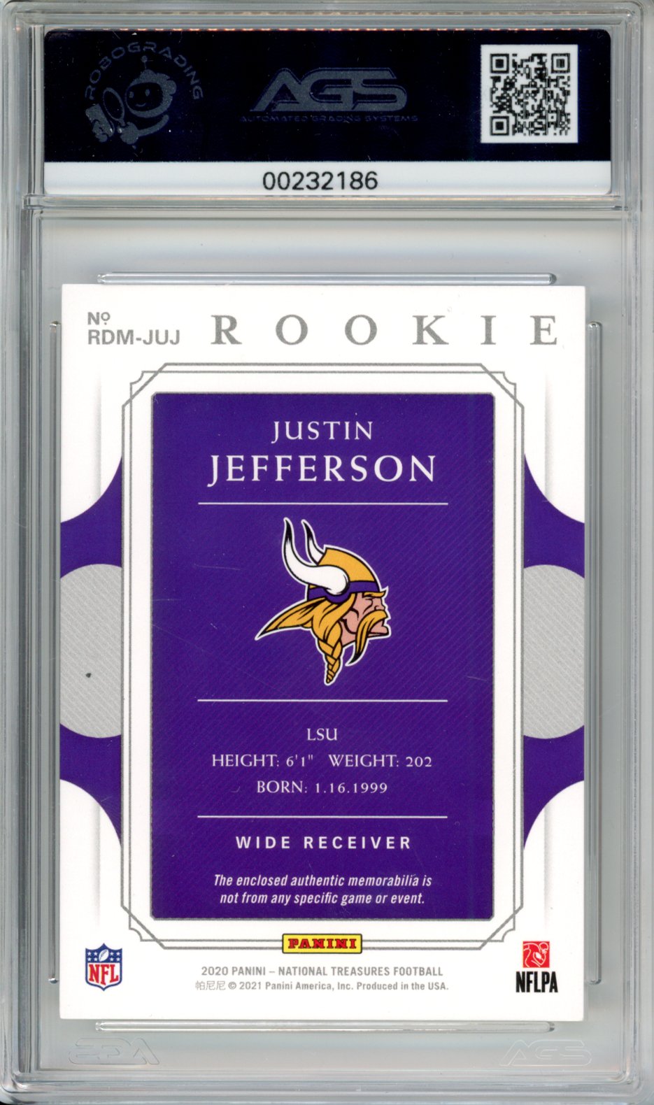 2021 Football 2020 Panini National Treasures Justin Jefferson #RDM-JUJ /50 AGS 9