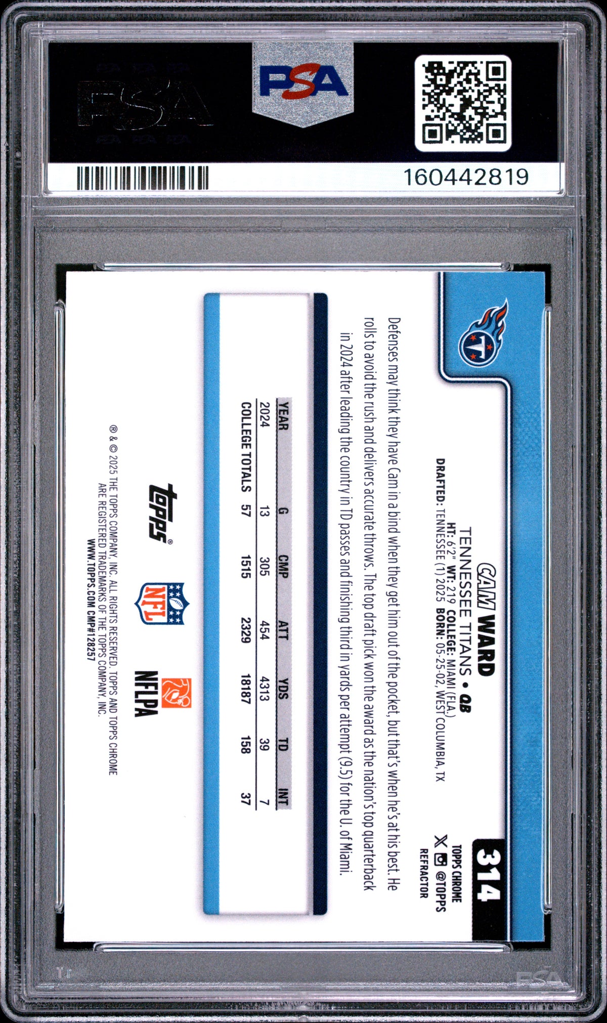 2025 Chrome Football Cam Ward #314 Refractor English PSA 10