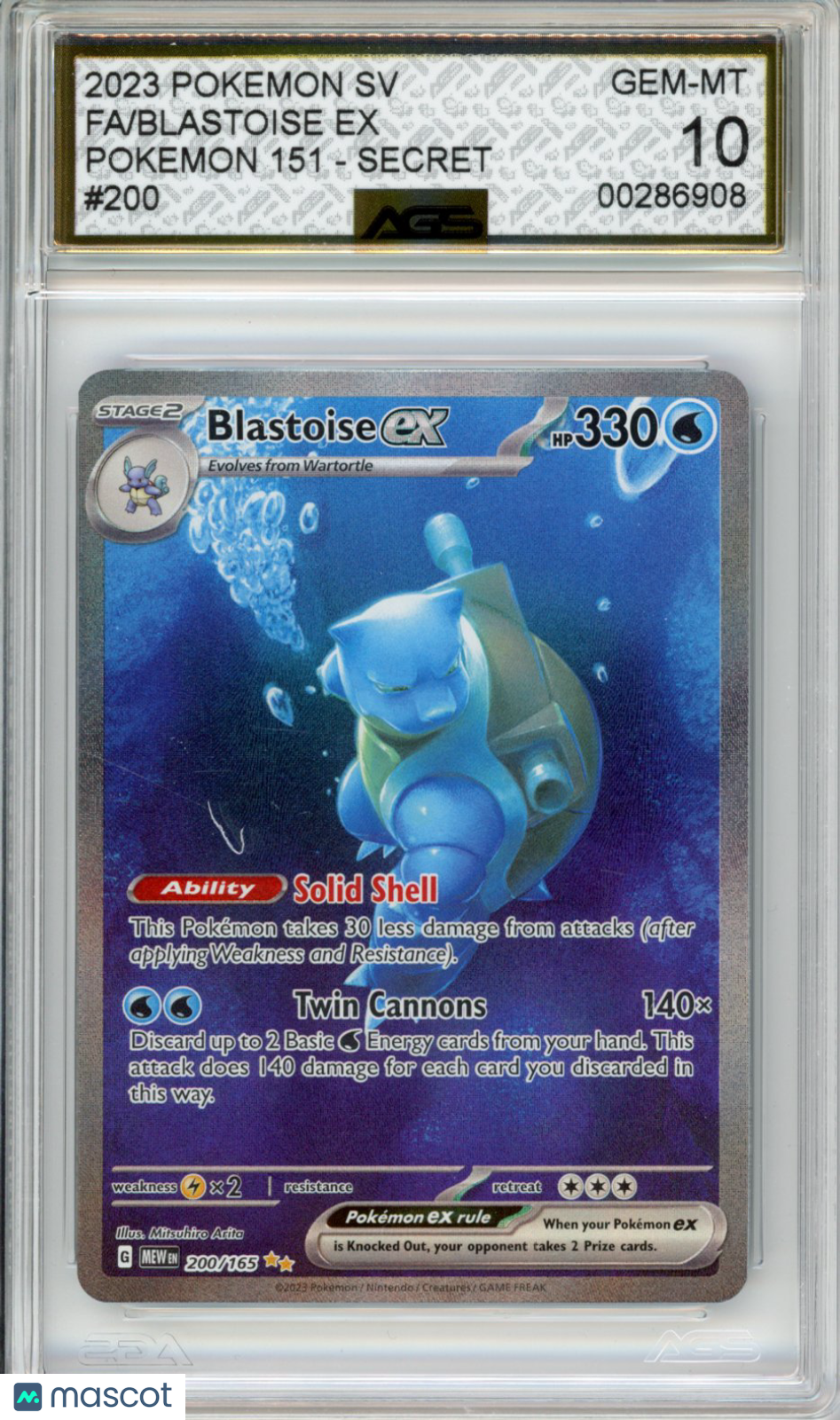2023 Pokemon 151 Blastoise ex #200/165 Unlimited AGS 10