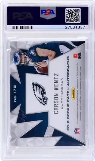 2016 Spectra Carson Wentz #172 Patch Auto NFL Shield Gold Vinyl 1/1 PSA 10