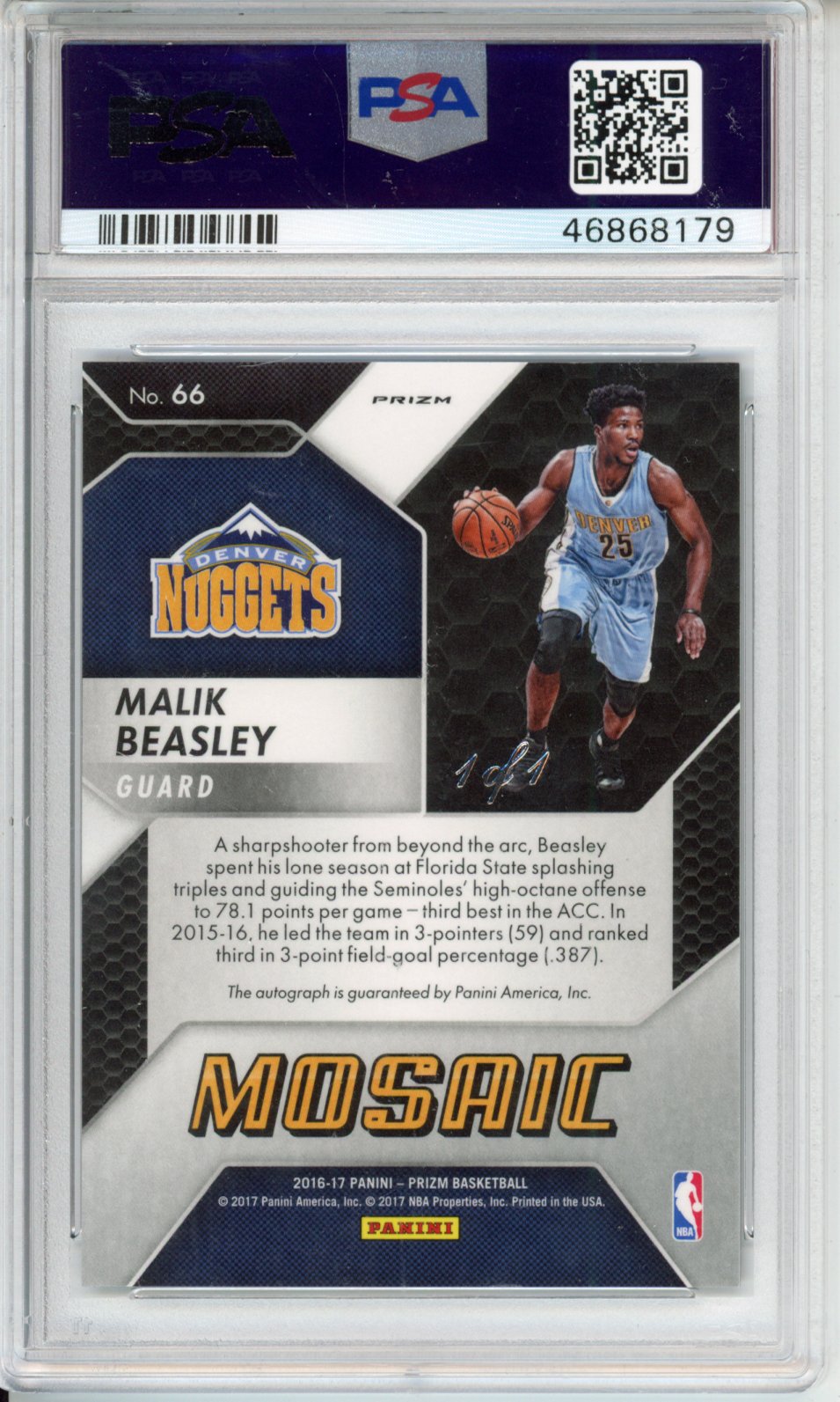 2016 Panini Prizm Mosaic Malik Beasley #66 Autograph Black 1/1 PSA 9