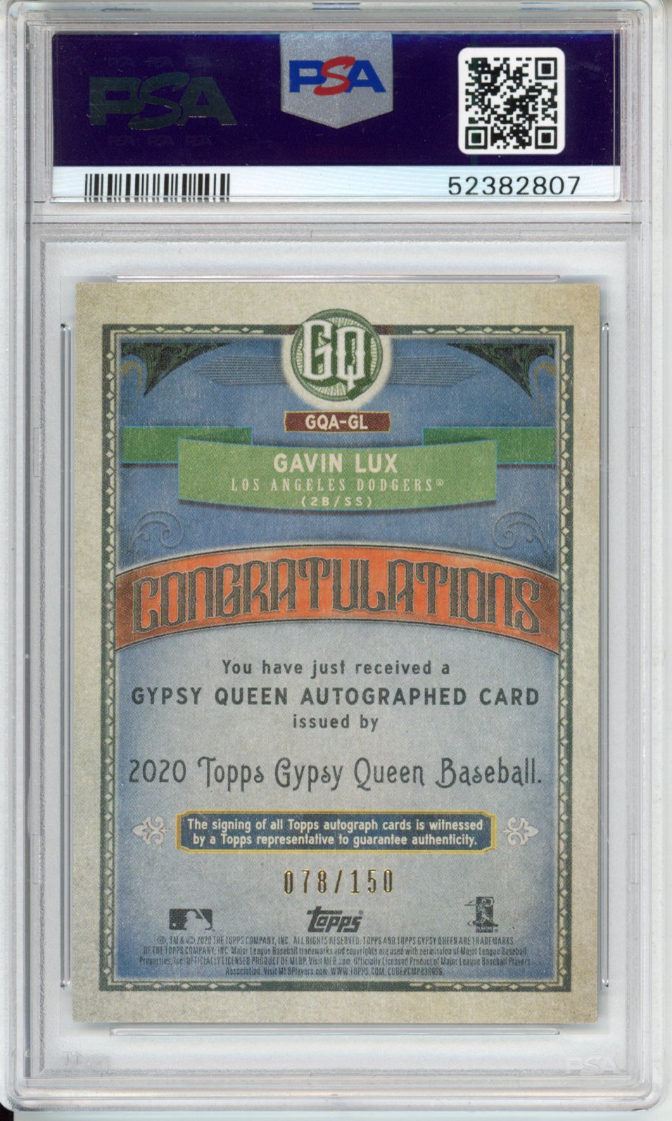 2020 Topps Gypsy Queen Autographs Gavin Lux #GL Indigo 078/150 PSA 8