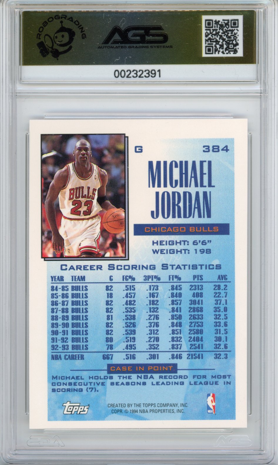 1994 Topps Michael Jordan #384 Reigning Scoring Leader AGS 9.5