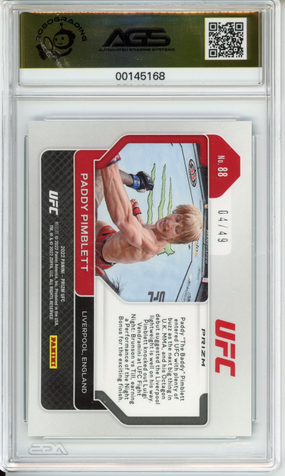 2022 Panini Prizm Paddy Pimblett #88 Teal /49 AGS 10