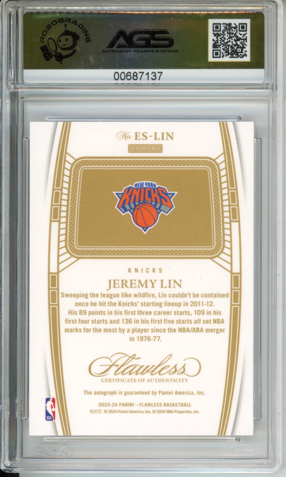 Panini 2023-24 FLAWLESS Jeremy Lin #ES-LIN EXCELLENCE SIGNATURES English AGS 10