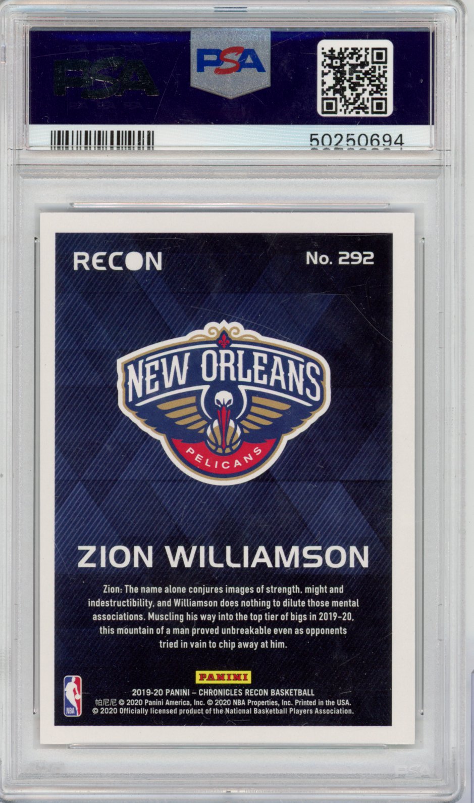 2019 Panini Chronicles Basketball Zion Williamson #292 Pink English PSA 10