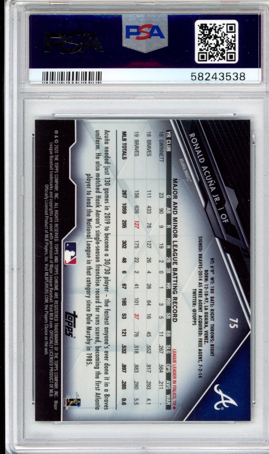 2020 Topps Chrome Black Ronald Acuna JR. #75 PSA 10