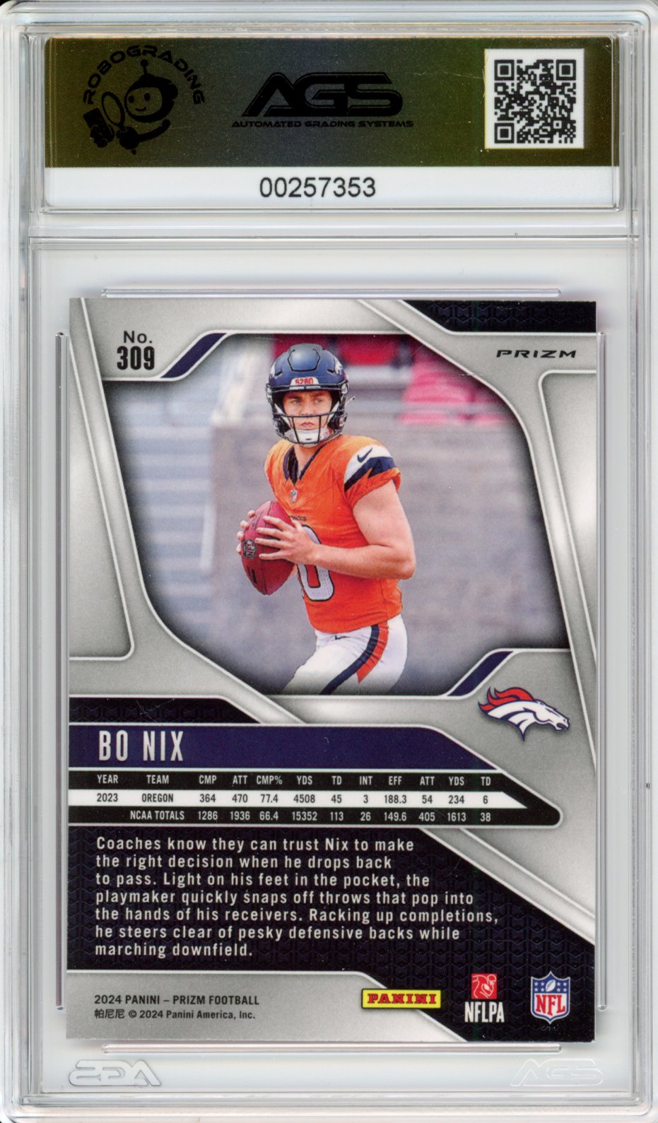 2024 Football Prizm BO NIX #309 PINK AGS 10