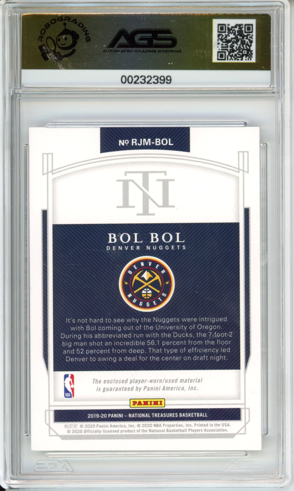 2020 Panini National Treasures Bol Bol #RJM-BOL Rookie Jumbo Materials AGS 10