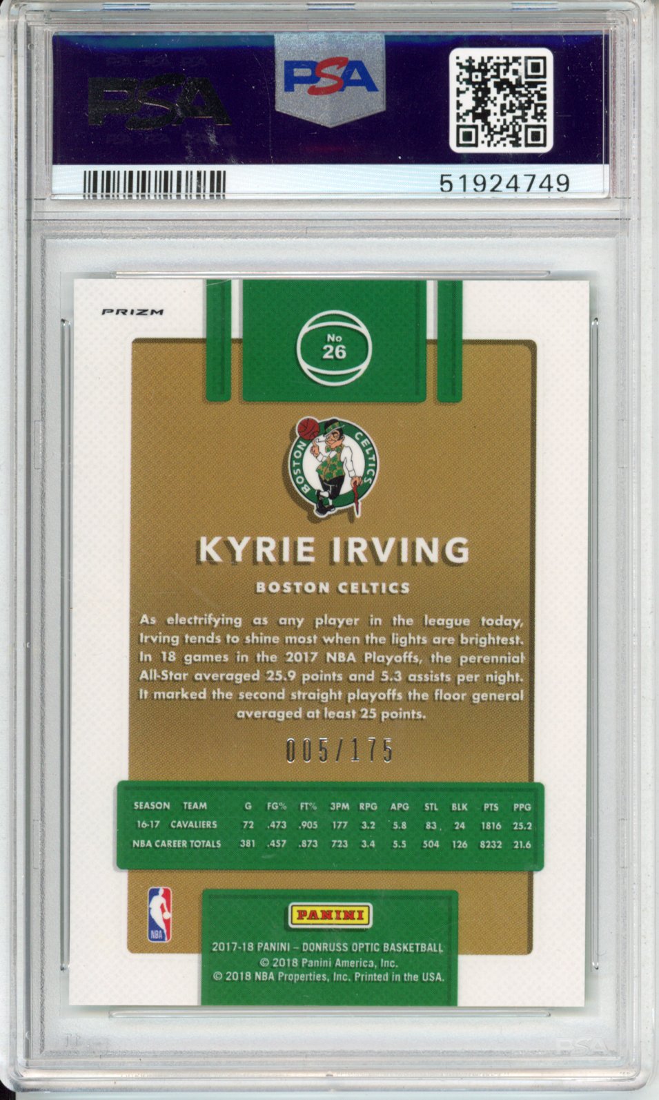 2017 Panini Donruss Optic Kyrie Irving #26 Lime Green PSA 10