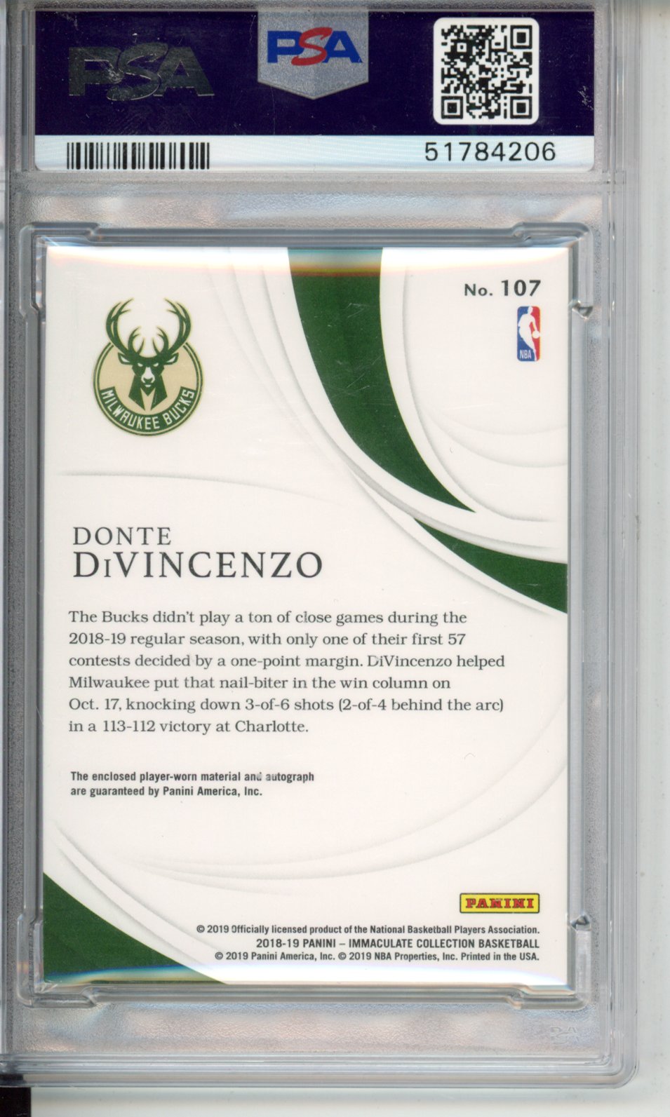2018 Panini Immaculate Collection Donte Divincenzo #107 Patch Autograph /99 PSA A