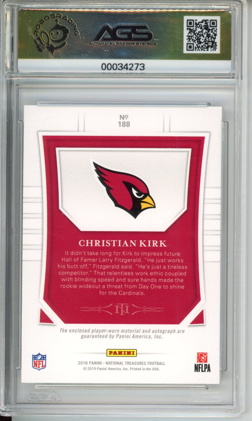 2018 Football National Treasures Christian Kirk #188 RPA /99 AGS 10