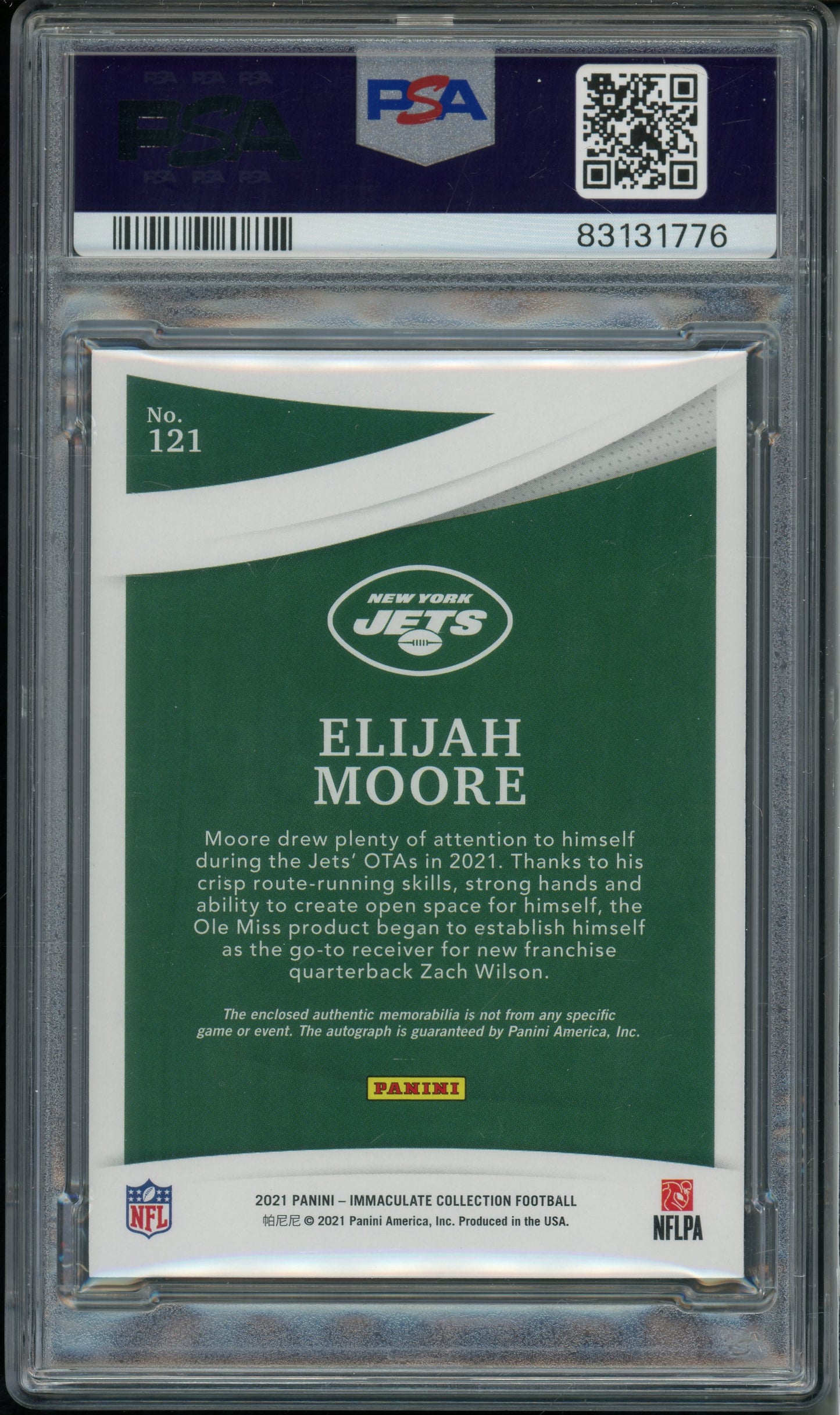 2021 Immaculate Collection Elijah Moore #121 Patch Auto NFL Shield 1/1 PSA 8