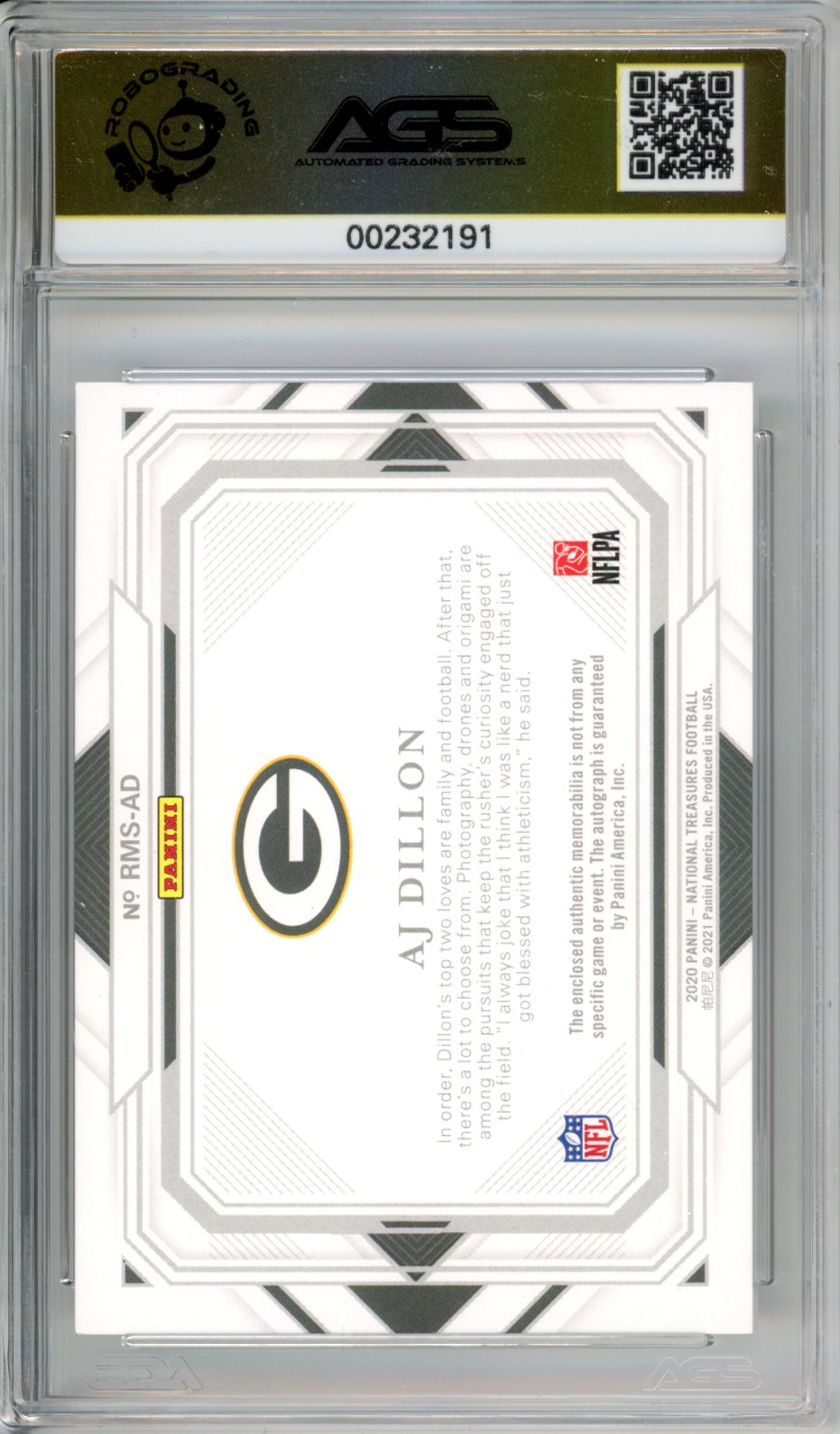 2021 Panini National Treasures AJ Dillon #RMS-AD Rookie Materials Auto Numbers Green AGS 10
