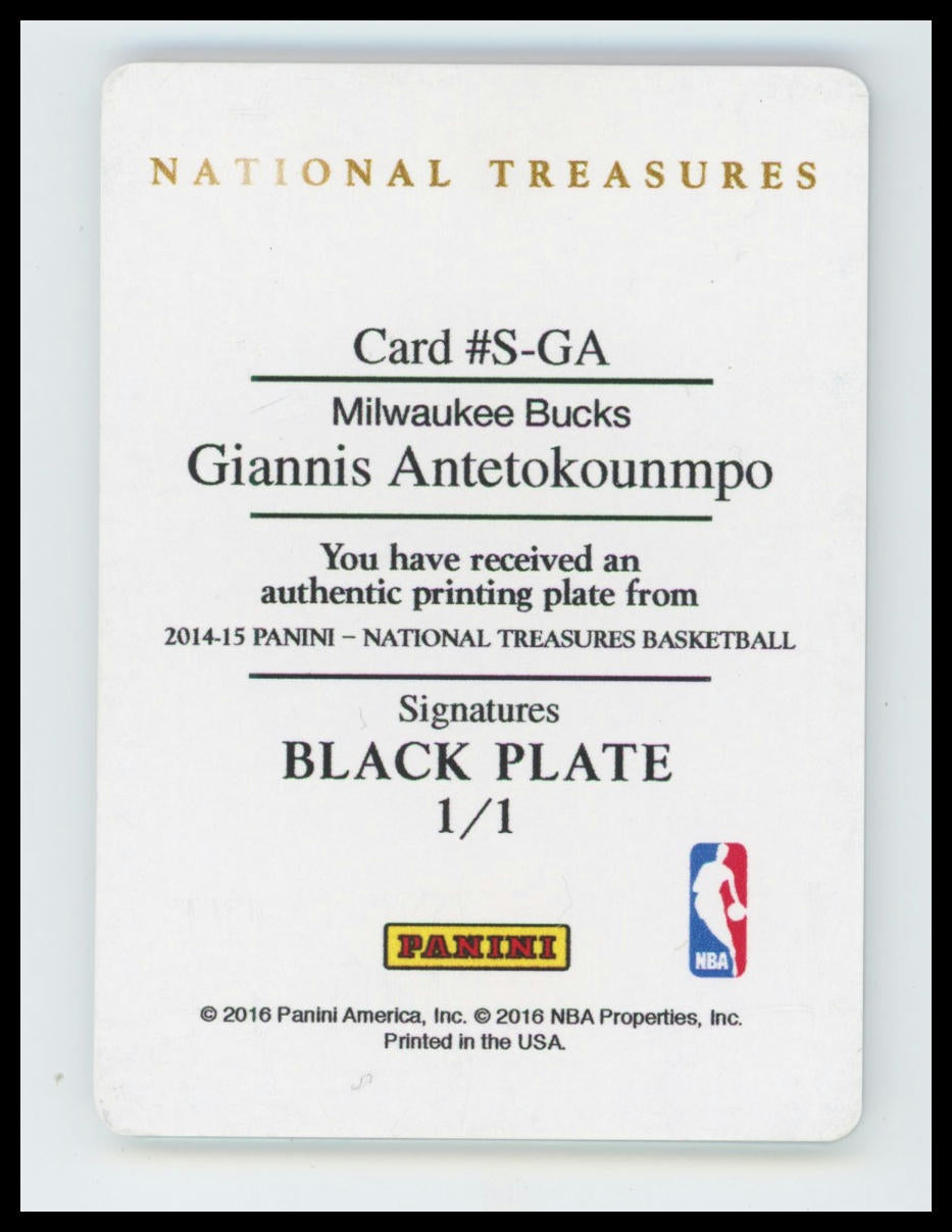 2016 National Treasures #S-GA Giannis Antetokounmpo Black Print Plate