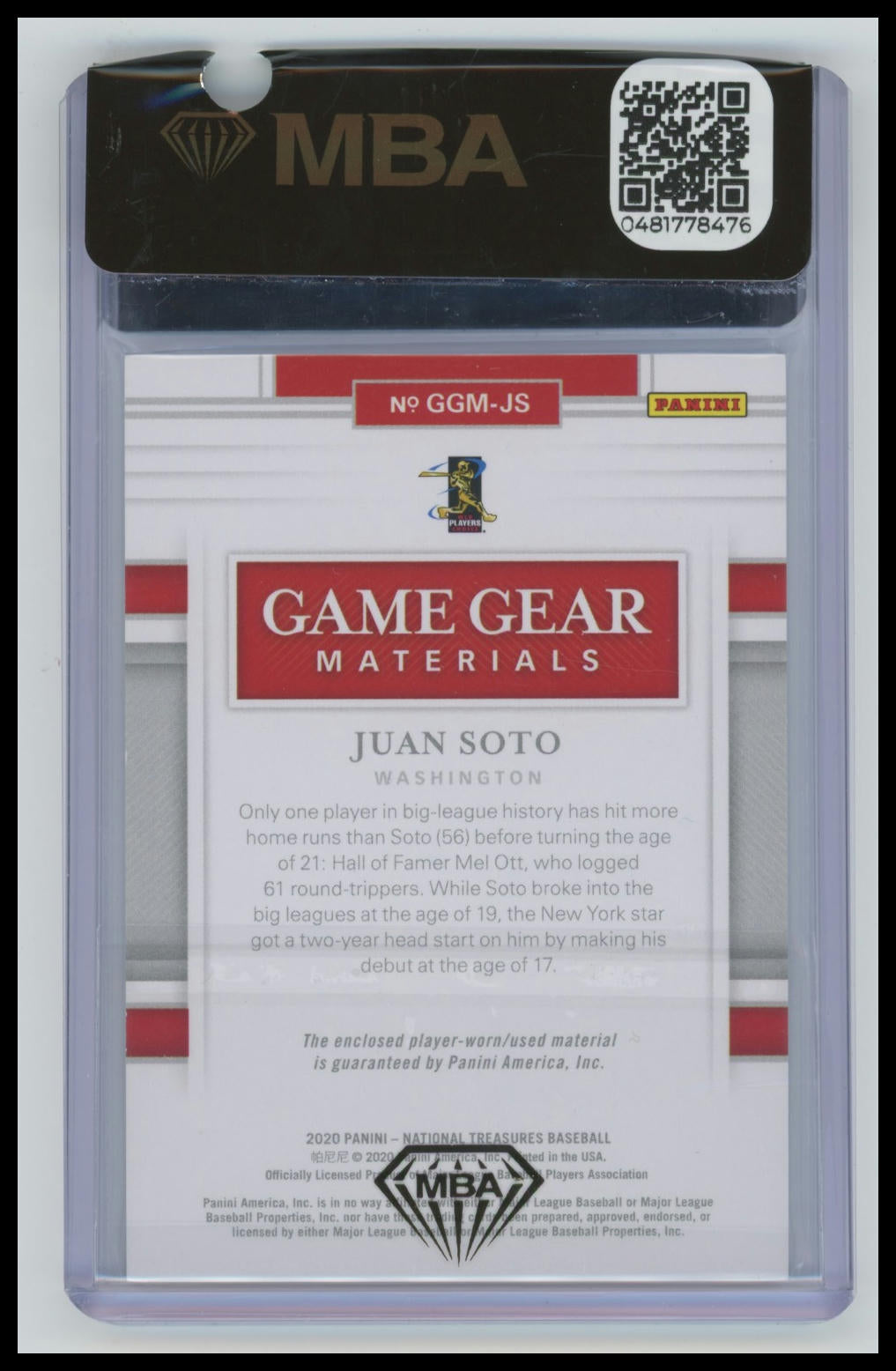2020 Panini National Treasures #GGM-JS Juan Soto Game Gear Materials 1/1