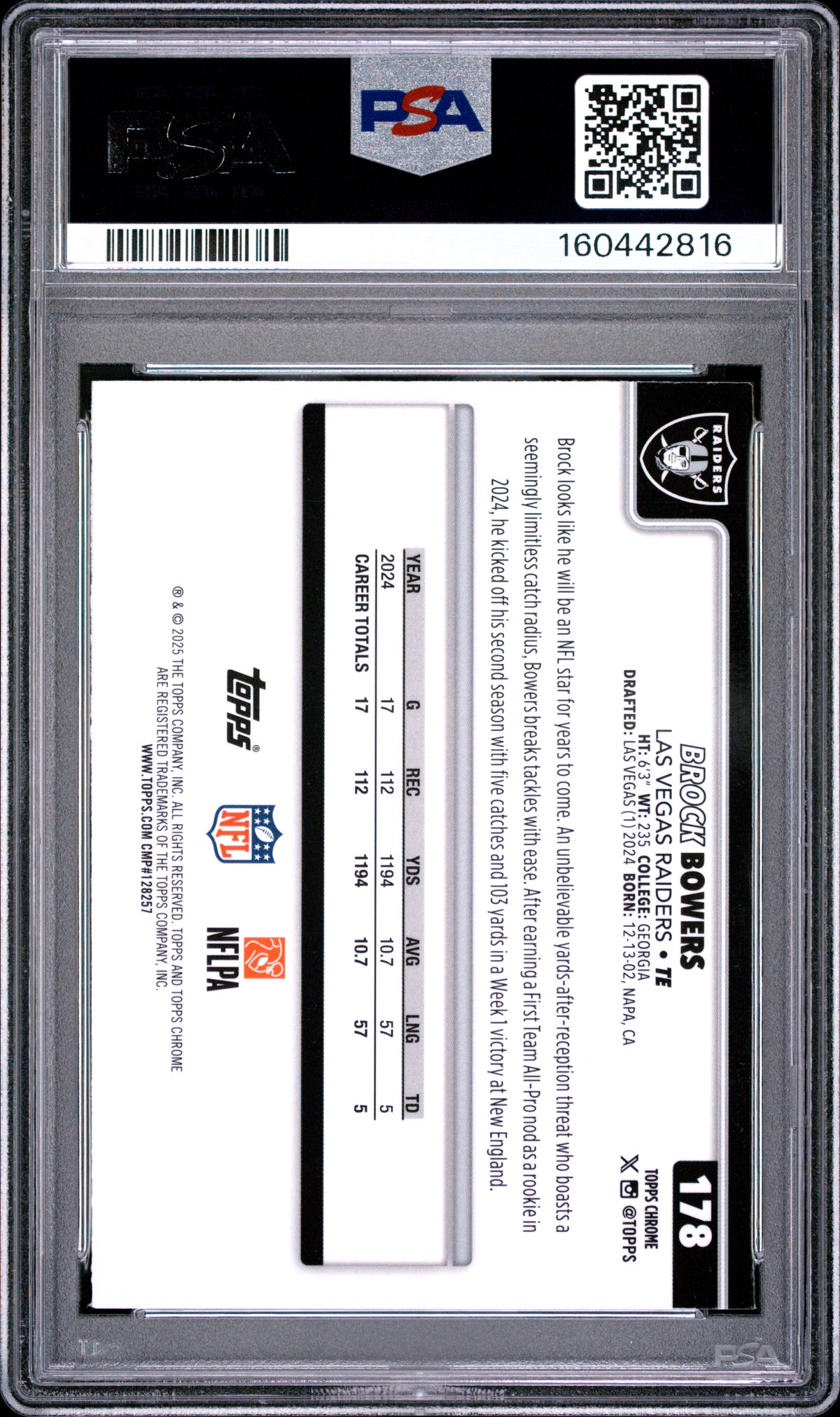 2025 Topps Chrome Football Brock Bowers #178 Blue Wave Refractor English PSA 9