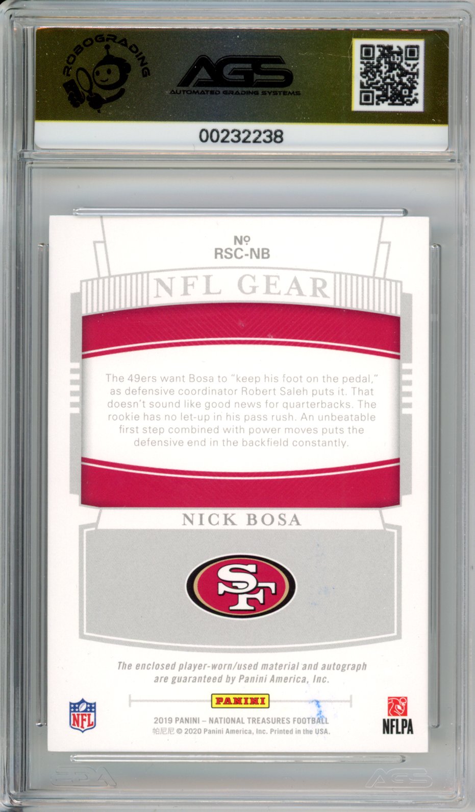 2020 National Treasures Nick Bosa Rookie Gear Sign Combo Auto RPA AGS 10 RC /49