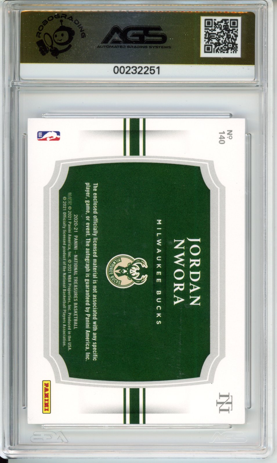 2020-21 Panini National Treasures Jordan Nwora #140 /49 RPA AGS 10